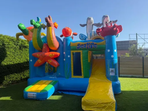 Multiplay Seaworld springkasteel van Mare Factory, opgesteld op gras